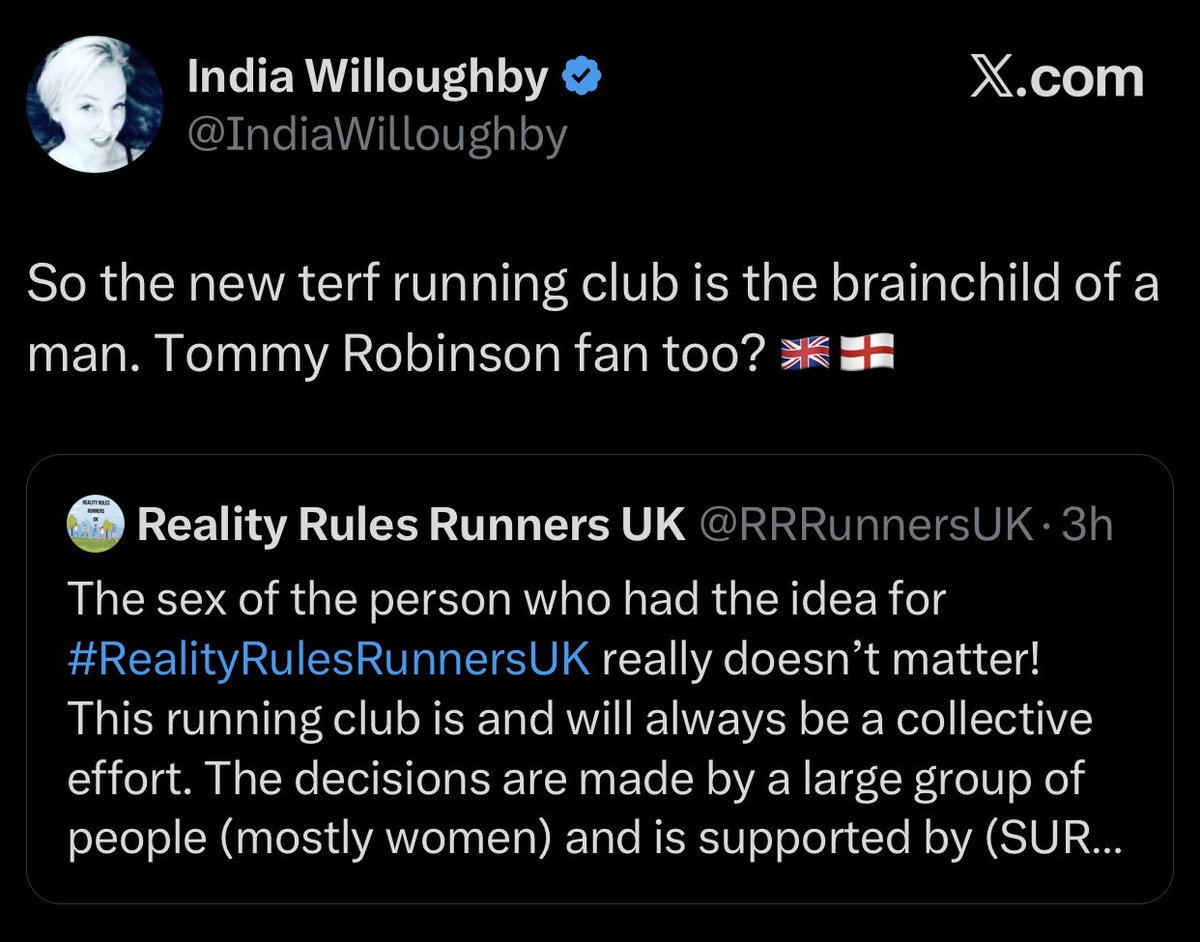 RRRunnersUK's tweet photo. Willoughby gets sidetracked with non sequiturs again. A case of apophenia?
As nothing I say will get through, I won’t bother?
Though I’d like to point out that men can’t be ‘TERFS’. I consider myself more of a EMIFS (Excluder of Males In Female Spaces)👋 

#RealityRulesRunnersUK https://t.co/FVbsumPumx