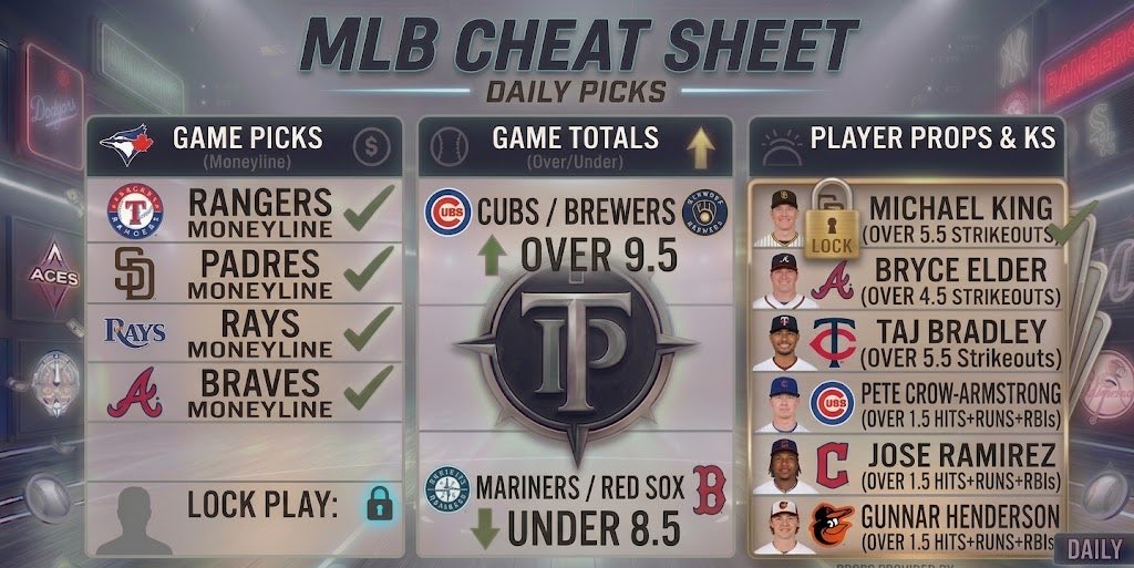 TP_Pickss's tweet photo. βΎοΈTODAYS MLB CHEAT SHEET!!βΎοΈ
BIT OF A BUSY WEEKEND SO CHEAT SHEETS ARE BACK β
βπ»
LETS GET THOSE UNITS BACK TODAY ππ»π€·π»ββοΈ
HERES TODAYS SHEET!! ππ»ππ»ππ»
#Gamblingπ #Sportspicks #MLBBets #MLB #TPPICKS https://t.co/IYUqNzCYL6