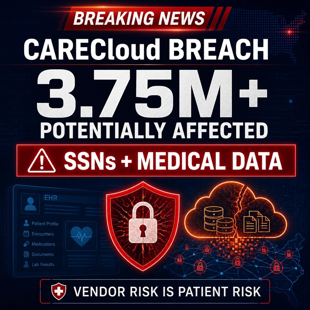 Techsico_IT's tweet photo. Patients: your provider may not be the breached party. CareCloud says 3.75M+ people may be affected. SSNs and medical data may be exposed. Practice teams: review vendor risk now. https://t.co/TJD8tskvyI