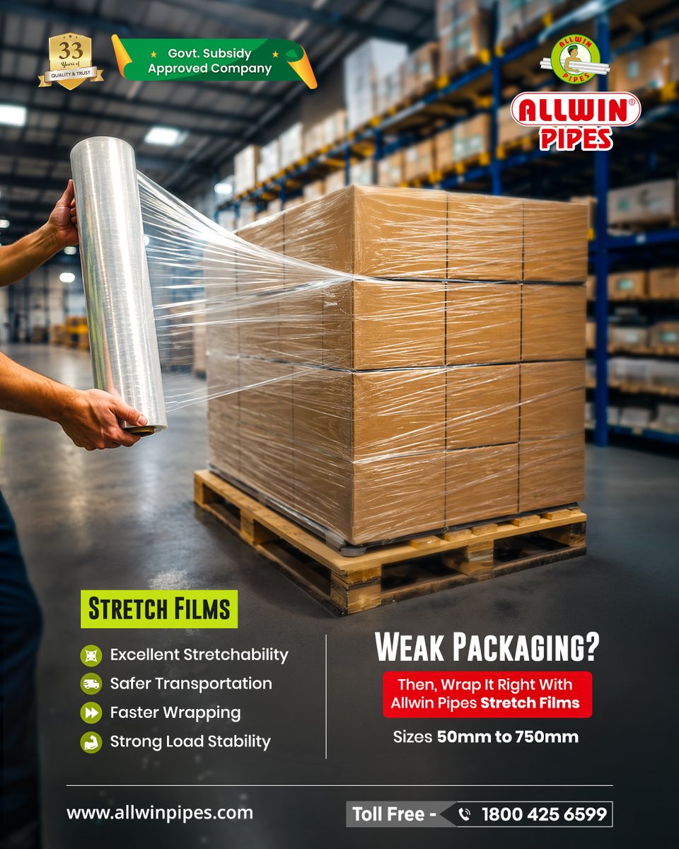 allwinpipes's tweet photo. Don’t just pack. Secure! From warehouse to delivery, our stretch film ensures every load stays firmly wrapped, protected, and ready for transportation. 

https://t.co/yMQmW2tNao

#StretchFilm #StretchWrap #PackagingSolutions #IndustrialPackaging #FlexiblePackaging #AllwinPipes https://t.co/WNYlW9CvLb