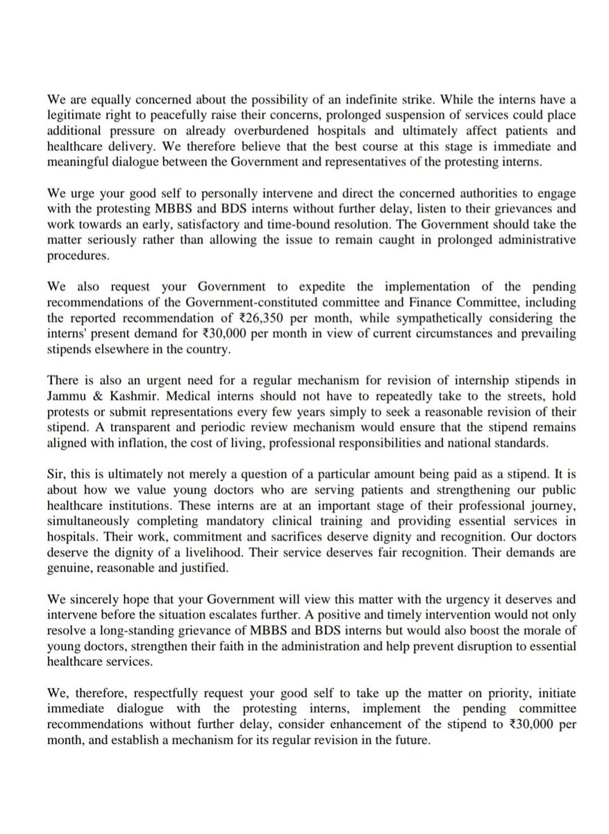 JKSTUDENTSASSO's tweet photo. J&amp;K Students Association Writes to CM @OmarAbdullah, Demands Long-Pending Hike in Monthly Stipend for MBBS Interns 

@CM_JnK @ANI @PTI_News @ians_india @htTweets @ndtv @KNSKashmir @Greaterkashmir 
@RisingKashmir https://t.co/NvPeUNYpnY