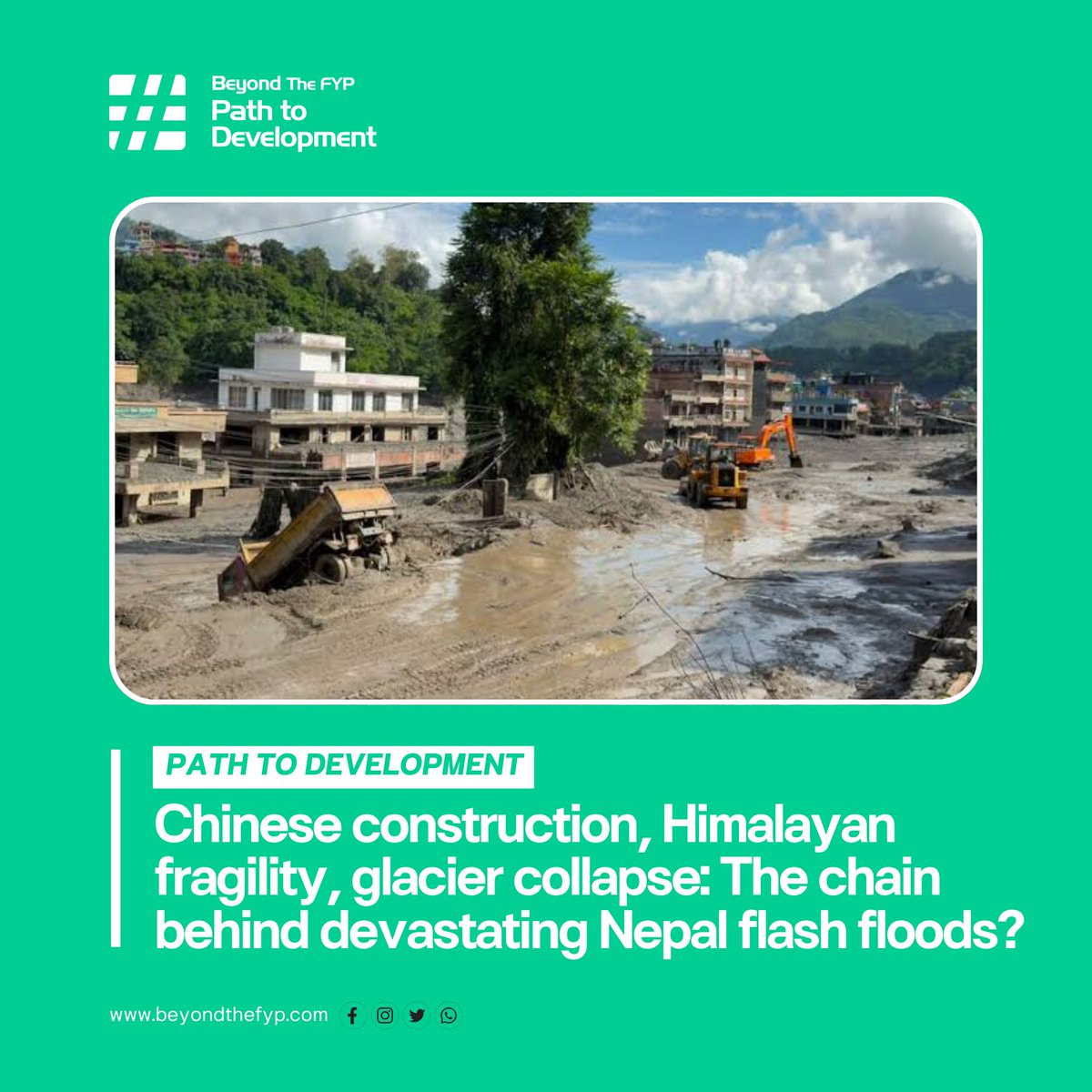 BeyondTheFyp's tweet photo. Chinese construction, Himalayan fragility, glacier collapse: The chain behind devastating Nepal flash floods?
Read More https://t.co/u6vZRnl7I7

#Himalayas #NepalFloods #GlacierCollapse #FlashFloods #GLOF #ClimateChange #China #Tibet #HimalayanEcology #DisasterRisk #BeyondTheFYP https://t.co/hqeD41H2Ja