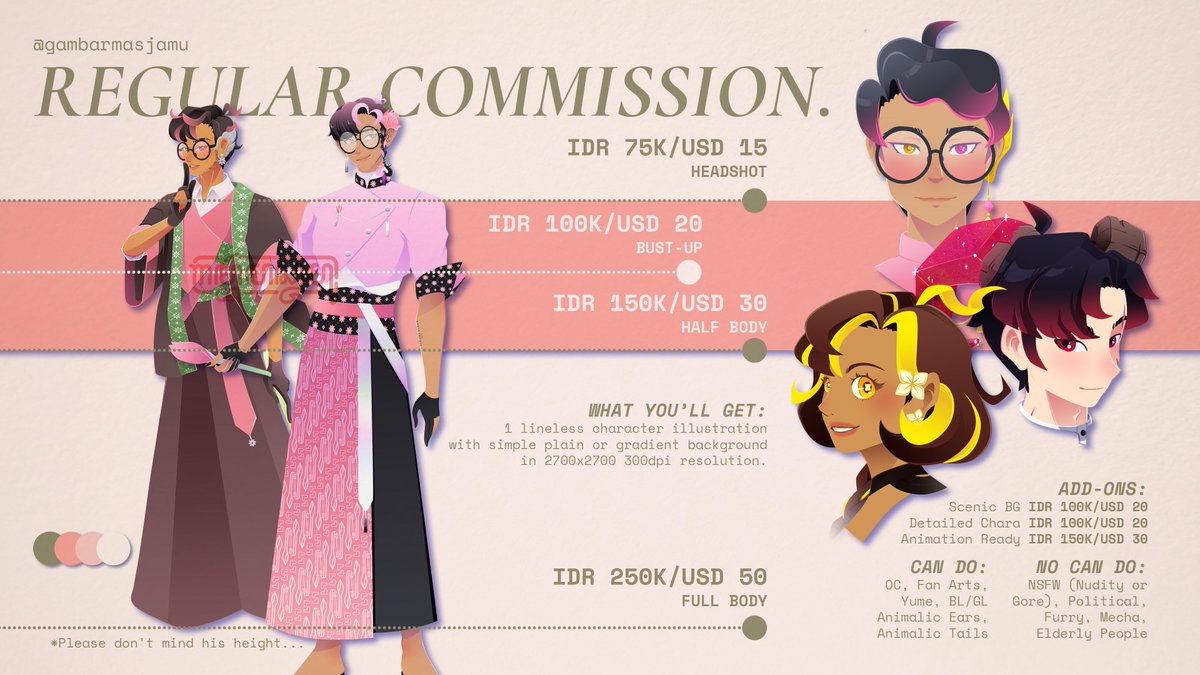 gambarmasjamu's tweet photo. ✨OPEN COMMISSION MAS JAMU✨
[🩷+🔁are appreciated]

Sugeng Dalu! Mas Jamu open komisyen kembali barangkali ada yang ingin mewayangkan atau membatikkan kamioshi atau oc-nya agar wearable dan pandangable tiap hari hehe.

ToS dan Sample di post berikutnya~
Matur nuwun.

(1/3) https://t.co/W2iRFF45ym