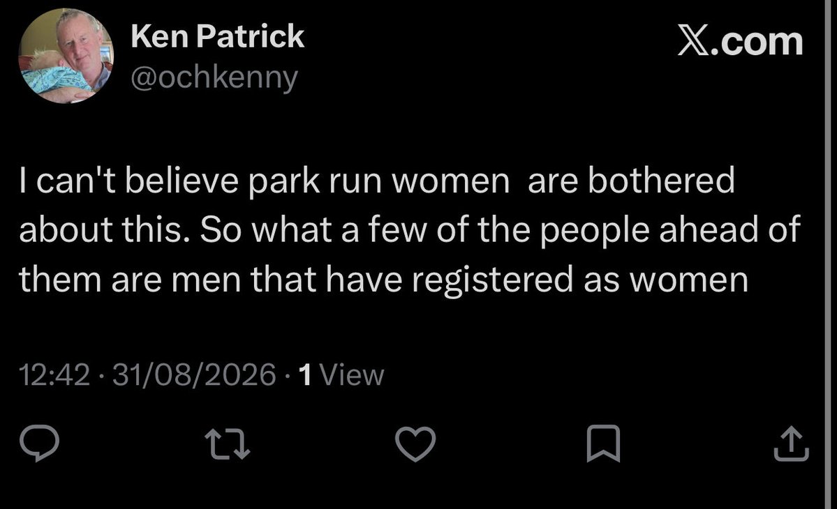 RRRunnersUK's tweet photo. Another guy who believes in ‘fair sports events for women’ apparently. But when you scratch a little deeper…fairness does not apply to #Parkrun… 🤔 https://t.co/D8EfELDQYL