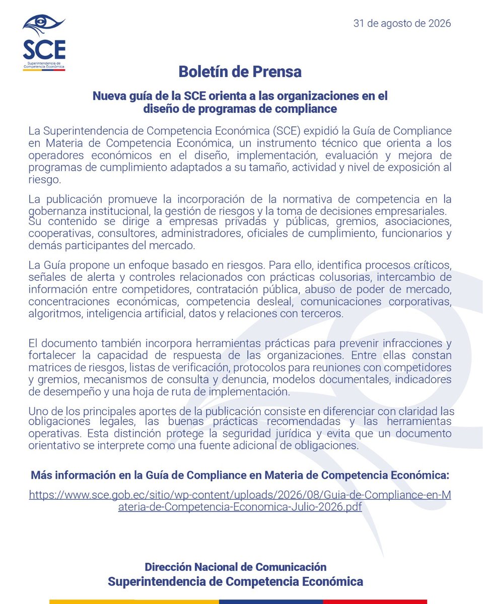 Competencia_Ec's tweet photo. La #SCE presenta una nueva guía para promover una cultura de cumplimiento en materia de competencia económica.

📄 Conoce todos los detalles en nuestro Boletín de Prensa.👇🏼 https://t.co/Bz62hzyarz