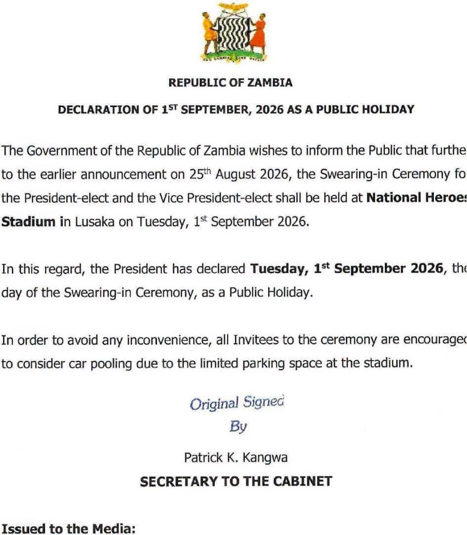 ariana22463's tweet photo. Tomorrow, 1st September 2026, marks an important historic day for our nation as the President-elect and Vice President-elect take their oath of office at National Heroes Stadium. May this new term bring progress for Zambia! 🕊️ #ZambiaDecides #SwearingIn #Zambia https://t.co/MMxCwbxCGW