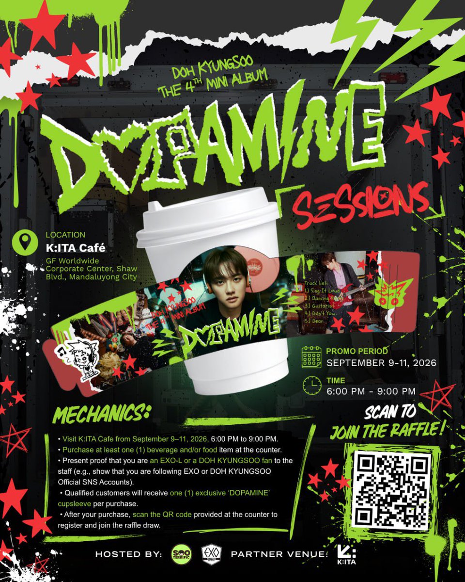 DOIt_MNL's tweet photo. ⚠️ANNOUNCEMENT⚠️
➖➖➖➖➖➖➖➖➖➖➖➖
Do(H)pamine level rising📈

Join 🄳🄾(H)🄿🄰🄼🄸🄽🄴 Sessions to get our exclusive 'DOPAMINE' cupsleeve and more chances to win exciting raffle prizes! ⚡
➖➖➖➖➖➖➖➖➖➖➖➖
Peak Expected
📆 Sept 9-11, 6:00pm-9:00pm
📍K:ITA Cafe, World Corporate Center, Mandaluyong City
➖➖➖➖➖➖➖➖➖➖➖➖
Raffle Draw link:
🔗 https://t.co/q5sEpIrRdR

#DOPAMINE #도파민
#도경수 #DOHKYUNGSOO @DOHKYUNGSOO_X @EXOPhils