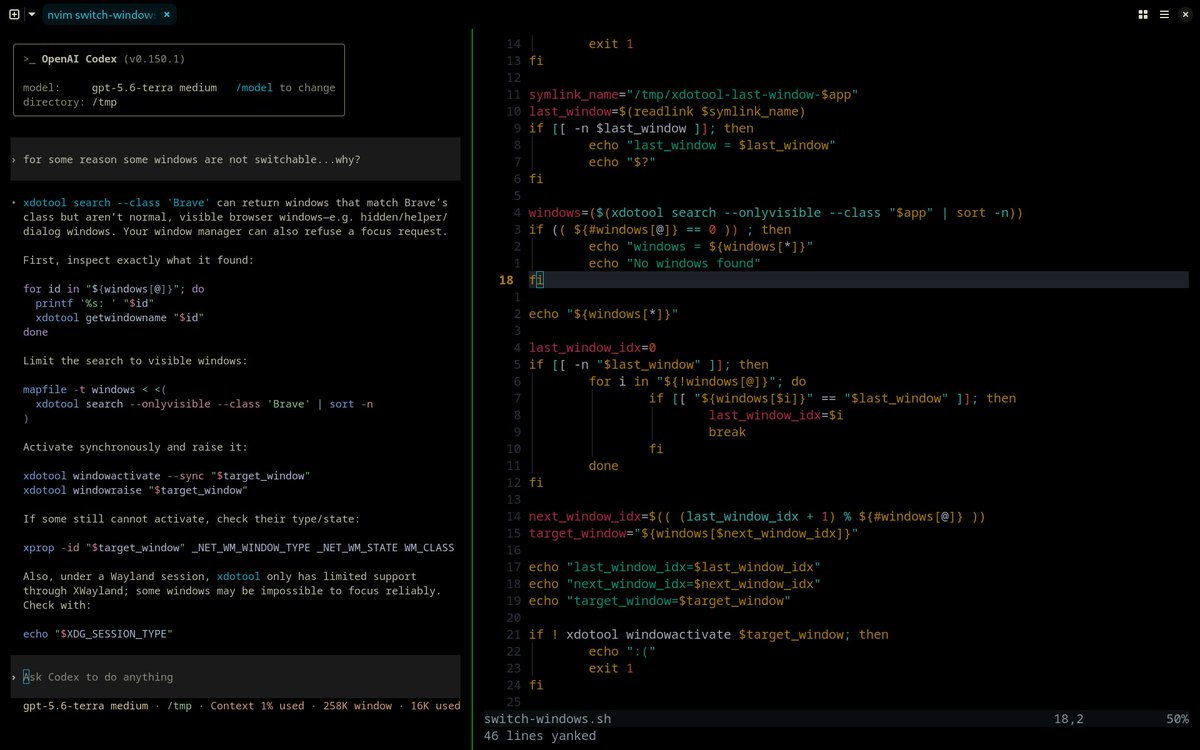 howaryathisgood's tweet photo. this setup is goated...
codex on left
nvim on right https://t.co/Dl3VreESEh