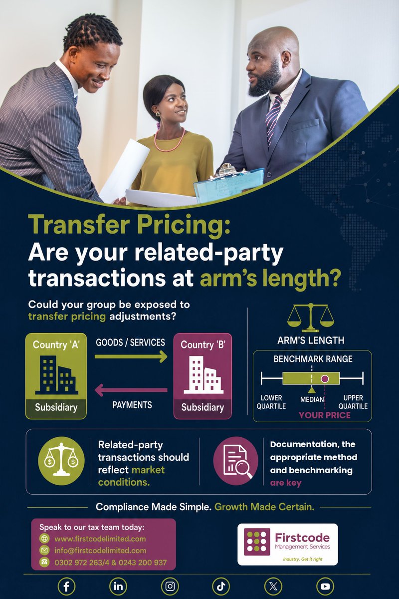 Firstcodegh's tweet photo. Transfer pricing is not simply about assigning a price. It involves the right method, documentation, benchmarking and analysis to demonstrate that your transactions reflect market conditions. https://t.co/6aMzetL9od