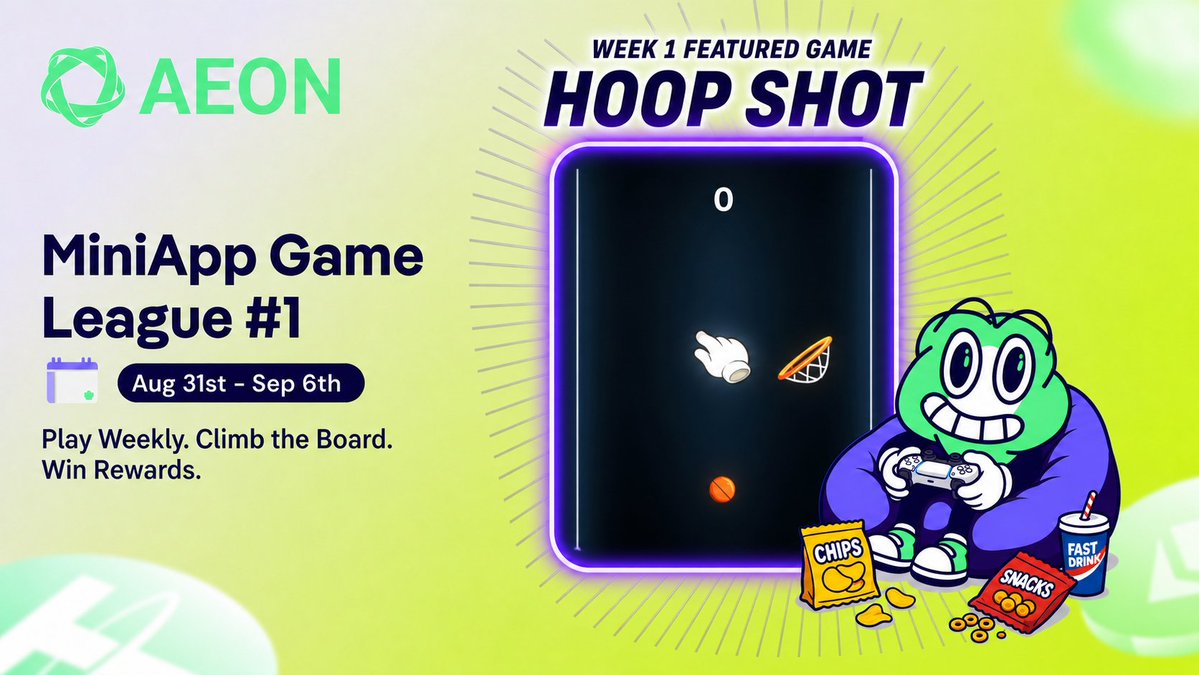 AEON_Community's tweet photo. 🎮 #AEON MiniApp Game League #1 is LIVE!

4 weeks. 4 games. $100 $AEON up for grabs every week. 🏆

Think you’ve got what it takes to top the leaderboard? 👀

🏀 WEEK 1: HOOP SHOT
📅 Aug 31 – Sep 6
Jump into the game directly through Telegram, rack up your highest score, and battle your way to the top! 🔥

🏆 Top 10 Players Share $100 $AEON
🥇 1st — $30
🥈 2nd — $20
🥉 3rd — $15
4️⃣–🔟 — $5 each

🎯 Game: Hoop Shot
🎮 Play here: https://t.co/ZmvkayhfL5