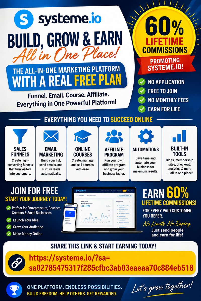 BarnabasAmara's tweet photo. All-in-one marketing platform with a real free plan.
Funnels, emails, courses, affiliates — everything in one place.
→ https://t.co/LaAhQw4XB6
60% lifetime commissions promoting https://t.co/mBSekg9XLQ.
No application. Free to join.
Just send people to this linik. https://t.co/ADouq09J1b
