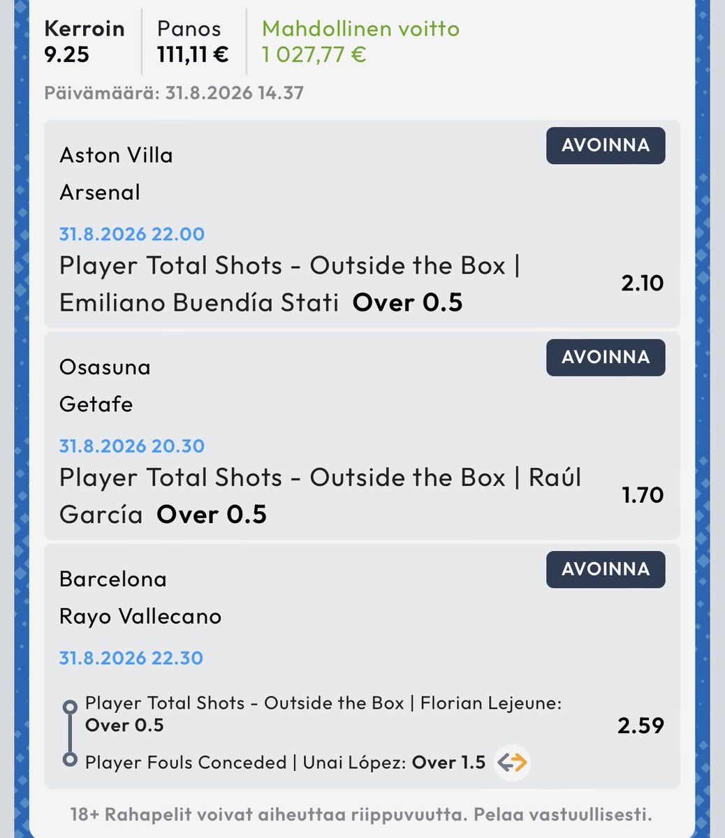 pontoprompter's tweet photo. New week
Bueni Villa
Rauli Osasuna
Lajunen Vallecano
Lopezin Uuuno rikkoo ja raastaa
Staying sharp today #optastats @OptaSTATS
Follow @pontoprompter
Focusing on Player Props
⚽️🌜
#veikkaus #playerprops #kiloilo https://t.co/ETk0VxG351