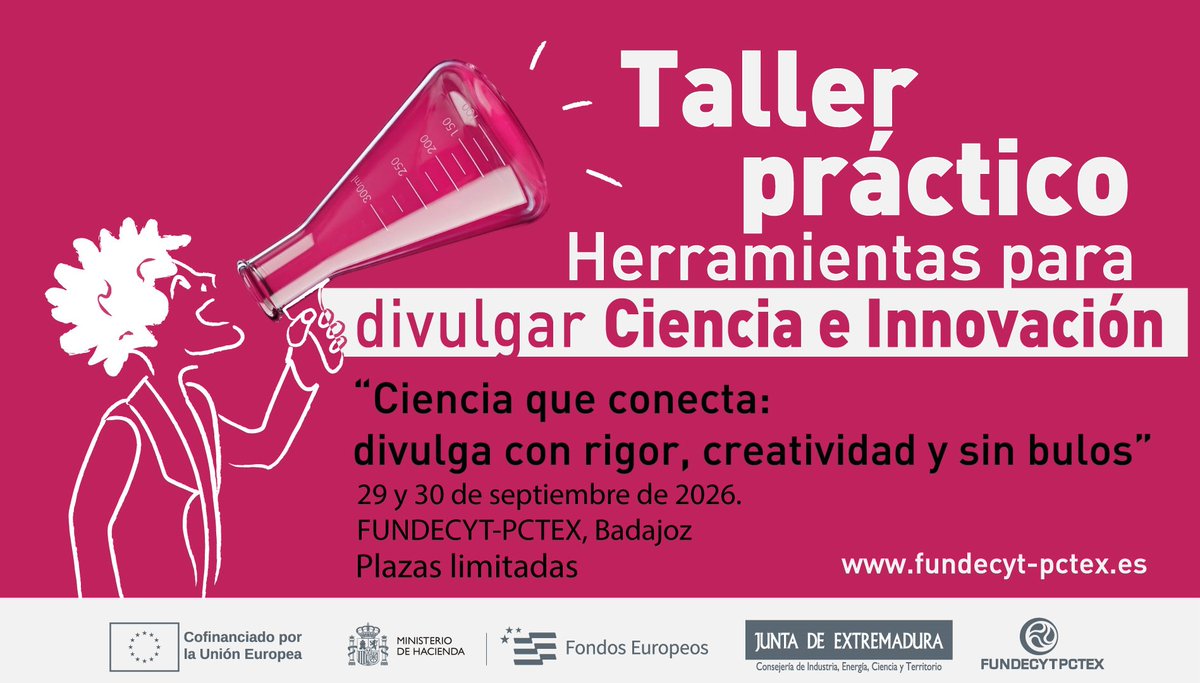 FundecytPCTEX's tweet photo. La ciencia no solo hay que hacerla. ¡Hay que saber contarla!

¿Tienes un proyecto de investigación o innovación y quieres conseguir que llegue más lejos?

Los días 29 y 30 de septiembre, @FundecytPCTEX organiza en Badajoz el taller práctico “Herramientas para divulgar Ciencia e Innovación”, para aprender a transformar investigaciones y proyectos científicos en contenidos claros, atractivos y rigurosos.

Guiones, vídeo, redes sociales, inteligencia artificial, medios de comunicación, análisis de resultados y, sobre todo, mucha práctica aplicada a tus propios proyectos.

¡Tendremos el lujazo de contar con Jhoan Manuel López Ballester! Divulgador científico de altura y de Los Profes de Ciencias, con más de 290.000 seguidores y 3 millones de visualizaciones mensuales.

Plazas limitadas: 35-40 participantes.

29 y 30 de septiembre | 10:00–14:00 h | FUNDECYT-PCTEX, Badajoz

¡Inscríbete ya, que las plazas vuelan, y aprende a hacer que tu ciencia conecte!

👉  https://t.co/etQUPeaXXf