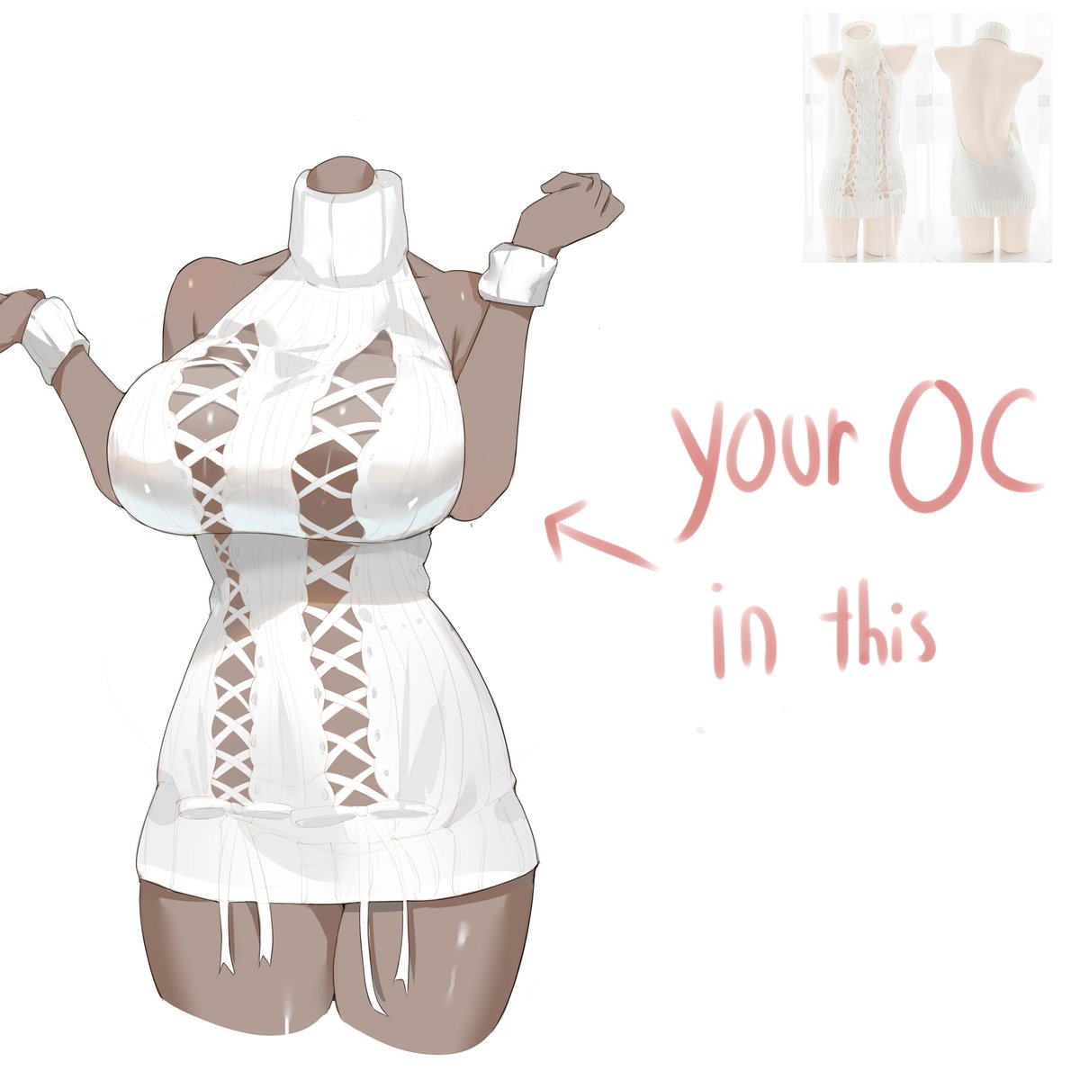 MugenSora_'s tweet photo. DRAW YOUR OC IN THIS OUTFIT KNIT DRESS 🧶🤍

Would your OC actually dare to wear this? 👀
I wanna see who’s brave enough to try it

♡ Drop your OC
♡ Follow + RT

I’ll pick a few OC to turn into samples! 🫶

Slots also available on my VGen if you want to secure one! 💌

#artvolunteer #artmoots #smallartist