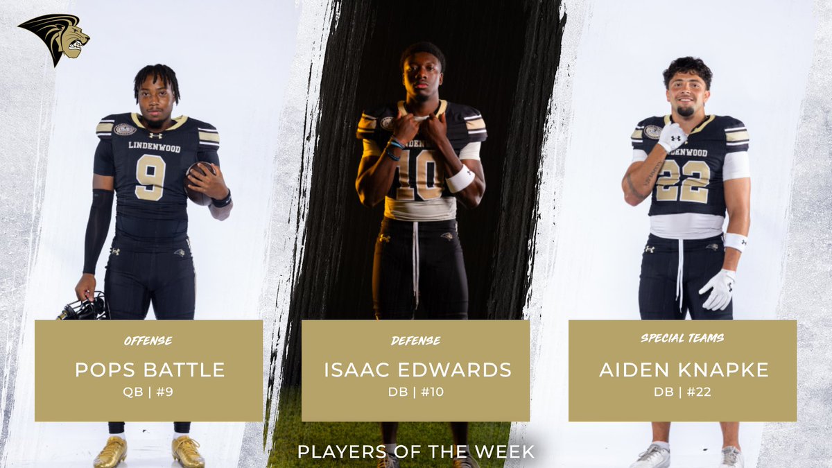 LindenwoodFB's tweet photo. Week 1 Players of The Week

Pops Battle
Isaac Edwards
Aiden Knapke
Luke Birkner
Ethan Beard
Santana Starks

#GoLions | #BurnTheWood https://t.co/bmR2RYYol3