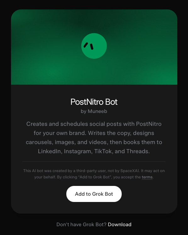 muneeb_builds's tweet photo. I've moved my automated posts from Claude to Grok @bot .. 

> It didn't ask me to setup the MCP, it just asked for the key 🤯
> It felt like a brainstorming session
> It runs in its own VM so I don't need to open my laptop for the task to run
> The Claude connector binds to a single API key and is limited to the workspace regardless of new sessions. With Grok, each agent has it's own access key so it feels 10x easier to manage everything from a single place.

My posts (2 per day per account) are created at 1pm daily; researched, planned, scheduled and published to TikTok, Threads, Instagram and LinkedIn without me EVEN OPENING UP MY LAPTOP!

--

Felt like this needs to become a template .. it was too good not to share!

It holds all of the work that you would need, including text formatting, design requirements and social platform settings.

Just plug and play ♥️

https://t.co/N056iOC1or