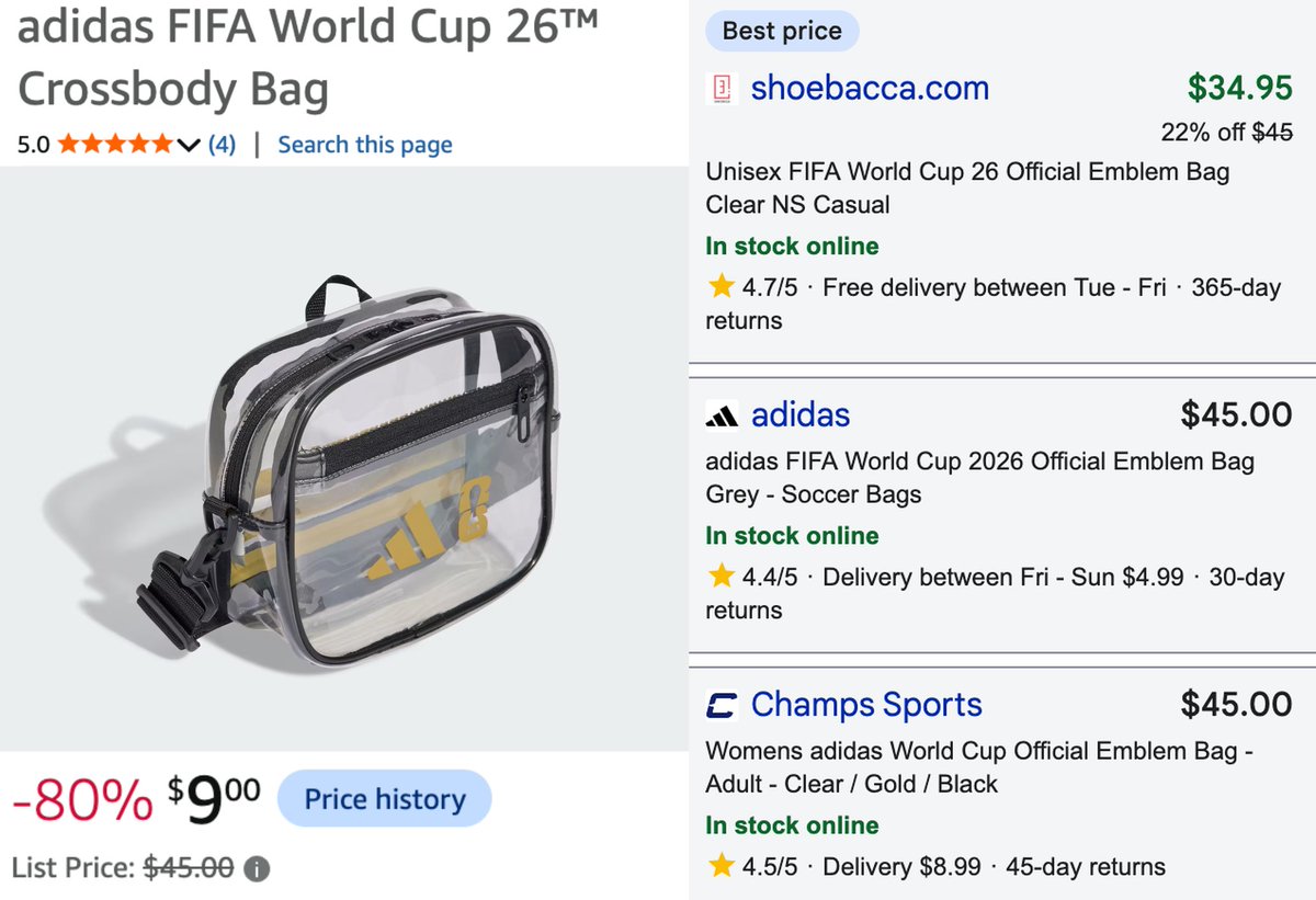 GlitchedDeals's tweet photo. $45 ADIDAS WORLD CUP CROSSBODY BAG FOR $9

80% off at Amazon, Adidas still has it for full price

https://t.co/qsRMJEKkTx

Officially licensed FIFA bag with strap included

Free shipping for Amazon Prime members #ad https://t.co/Q0W6OIFvxF