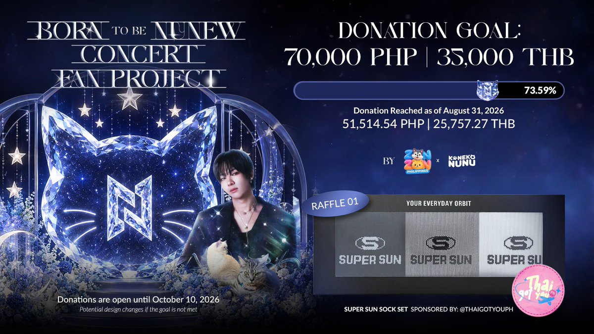 ZONZONPHL's tweet photo. ✨ DONATION UPDATE + RAFFLE #01 ✨

We’ve officially reached 73.59% of our donation goal! 🎉

Thank you to everyone who has donated and supported the NuNew 2nd Concert Fan Project. 

As a little thank-you to our donors, we’re excited to announce our first raffle! 

RAFFLE #01 — Your Everyday Orbit

One lucky donor can win a SUPER SUN SOCK SET, sponsored by @thaigotyouph ❤️

Only those who have donated are eligible to join the raffle.

More raffle details and Message Book information will be announced soon, so stay tuned!

You can still donate here:
🔗 https://t.co/m4SdJVEjc4

🗓️ Donations are open until October 10, 2026.

Let’s reach our goal together! 💙

NUNEW IN IMPACT SOON
#NuNew2ndConcert
˖⁠ ꒰ @CwrNew | #NuNew ꒱ 彡 ๋࣭ ࣪ ˖✩