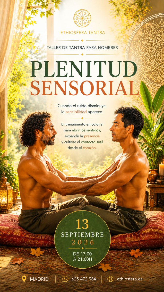 EthioTantraMen's tweet photo. 🌿 **VUELVE A LA PRÁCTICA**
✨ 13/9 · **Plenitud Sensorial**
Iniciación y entrenamiento en Tantra.

🤲 27/9 · **Masaje Integral**
Entrenamiento práctico en masaje y contacto consciente.

Recupera energía, presencia y conexión con tu cuerpo.
📲 625472984
🌐 https://t.co/BR3rzowTiW https://t.co/BiT75GDUN8