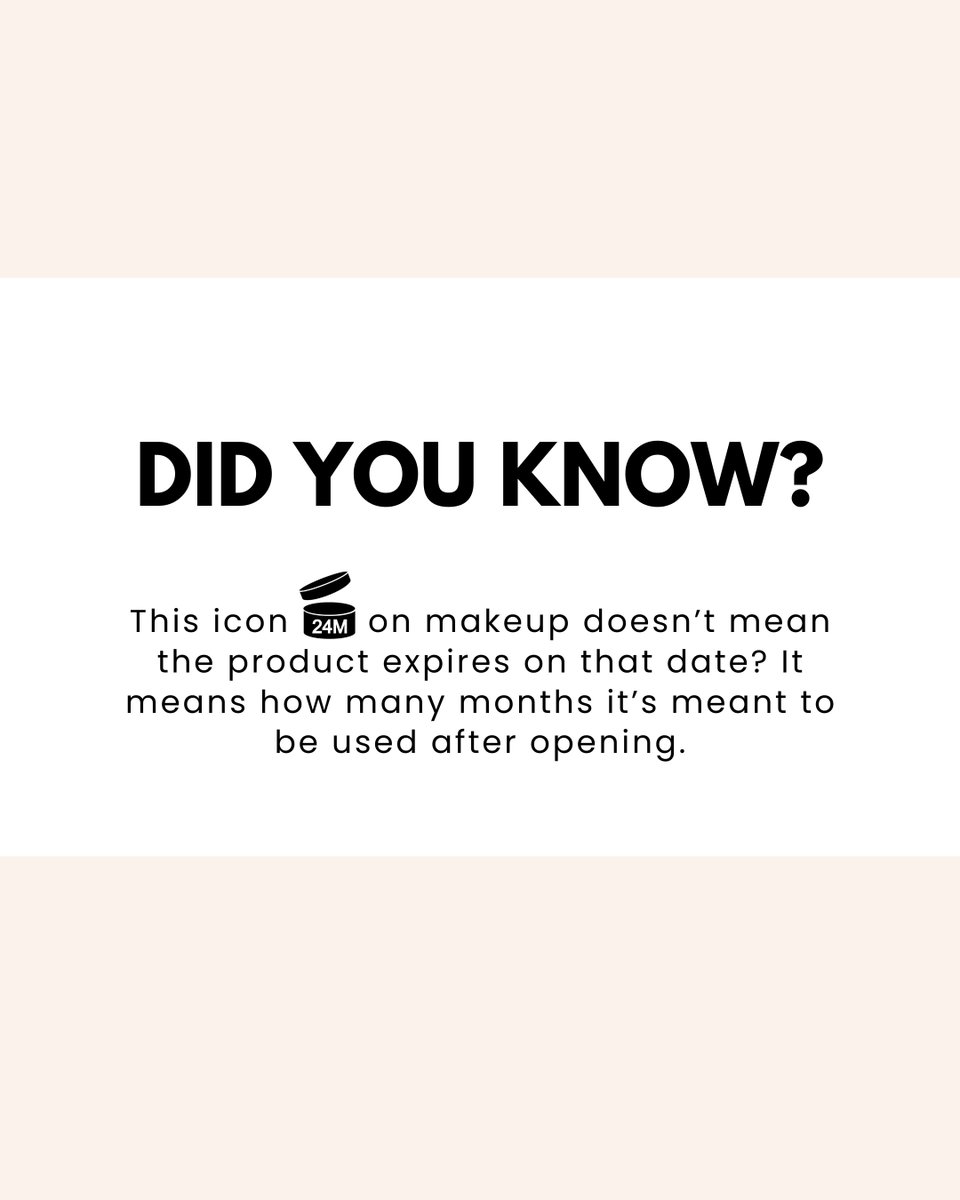 SKONEcosmetics's tweet photo. Plot twist: that little open-jar symbol isn't an expiration date. 🤯

It actually tells you how many months your makeup is meant to be used after opening. Now you'll never look at that tiny jar the same way again.

#makeuplover #makeupbrand #crueltyfreemakeup #skonecosmetics https://t.co/zX1DKUk8yu