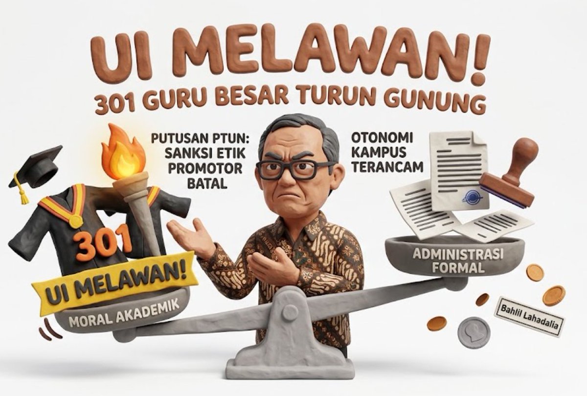 ethadisaputra's tweet photo. SAYA muak melihat dangkalnya logika hukum di negeri ini. Bagaimana mungkin 301 Guru Besar UI harus sampai "turun gunung" mengurus bobroknya putusan PTUN Jakarta? Pengadilan yang harusnya paham batas malah nekat menganulir sanksi etik promotor doktor kilat Bahlil Lahadalia.

Hakim PTUN merasa paling jago mengadili kertas dan stempel, tapi buta total soal integritas ilmiah. Sejak kapan pasal-pasal administrasi negara berhak mengangkangi moral akademis? Ini bukan cuma soal menang-kalah di atas kertas formal, ini skandal pelecehan terang-terangan terhadap otonomi kampus.

#UIMelawan #AmicusCuriaeUI #OtonomiKampus #IntegritasAkademik #SkandalGelar #BahlilGate