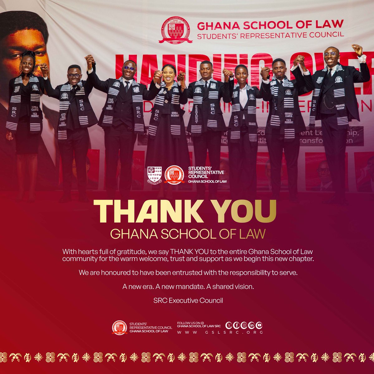 SRCGhlawschool's tweet photo. With hearts full of gratitude, we say THANK YOU to the entire Ghana School of Law community for the trust, support and confidence reposed in us.
#GSL #GSLSRC #ANewEra #StudentLeadership https://t.co/mdUYciGKJc