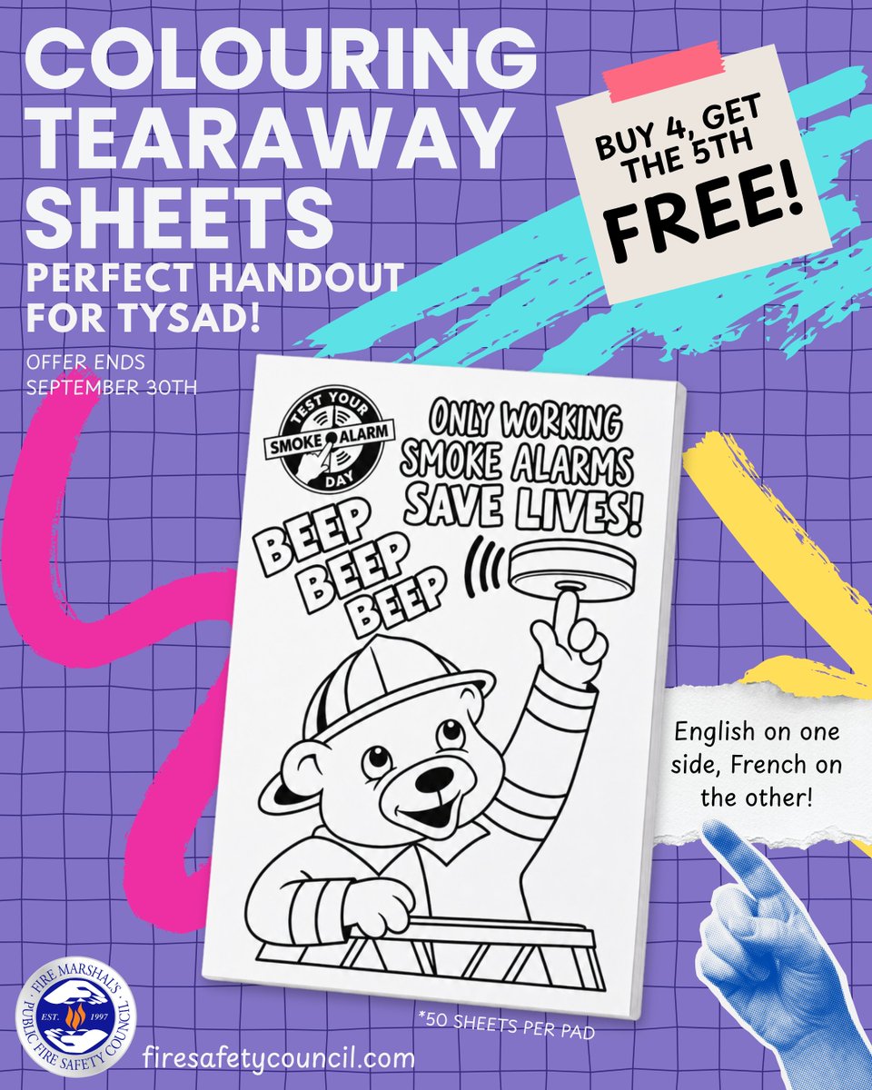 FMPFSC's tweet photo. 🚨 Is your fire department ready for September 28?

TEST YOUR SMOKE ALARM DAY is coming!

Make sure your department is stocked up with our colouring sheets

🎉 BUY 4, GET THE 5TH FREE!

Order at https://t.co/vIef2KfCdw https://t.co/iJBB6l5MuE