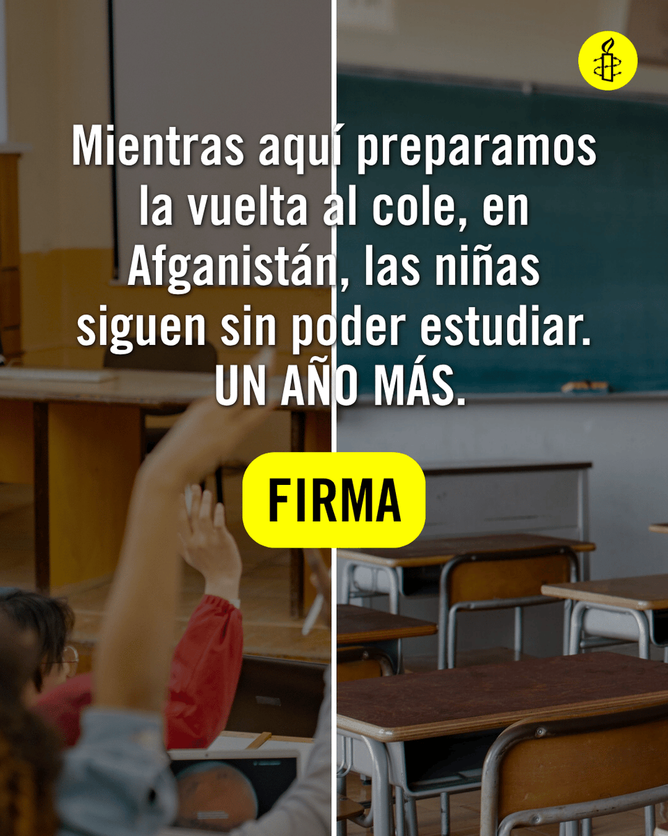 amnistiaespana's tweet photo. Aquí son días de preparativos, compras y nervios por la vuelta al cole. Allí, las niñas mayores de 12 años siguen sin poder estudiar. 💔 Por favor, no te olvides de ellas. ¡Sigue presionando! https://t.co/2LBE4I0PcI https://t.co/DniB6r4Umm