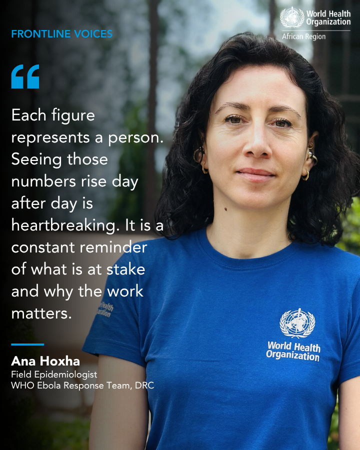 WHOAFRO's tweet photo. Every morning, Ana Hoxha starts with the numbers: new cases, surveillance data, situation reports and information from affected health zones. Her work is to turn these multiple streams of information into a clear picture of how the outbreak is unfolding.

As a field epidemiologist, she helps response teams understand where the virus is spreading, how the outbreak is evolving and where efforts need to be strengthened.