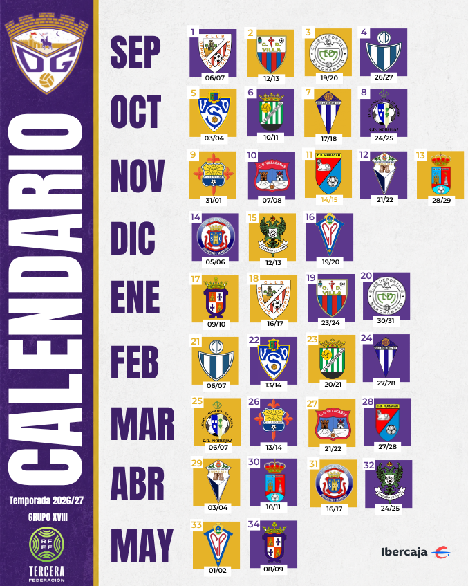 deporguada's tweet photo. 💾 | PARA GUARDAR

🤩 Este es el calendario del C.D. Guadalajara Promesas para la temporada 2026/27 en Tercera Federación – Grupo XVIII.

🟣 Segunda temporada del Promesas en Tercera Federación.

¡Vamos a por otra temporada! 🦾💜

#Aúpadépor🟣⚪️ https://t.co/2xcEu3QoTG