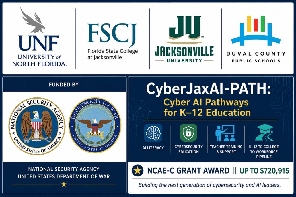 ScienceDcps's tweet photo. Congratulations to the UNF School of Computing on a major new award from the National Security Agency!
CyberJaxAI-PATH: Cyber AI Pathways for K–12 Education, led by UNF in partnership with FSCJ, Jacksonville University, and Duval County Public Schools! https://t.co/uhO93Ogw0g