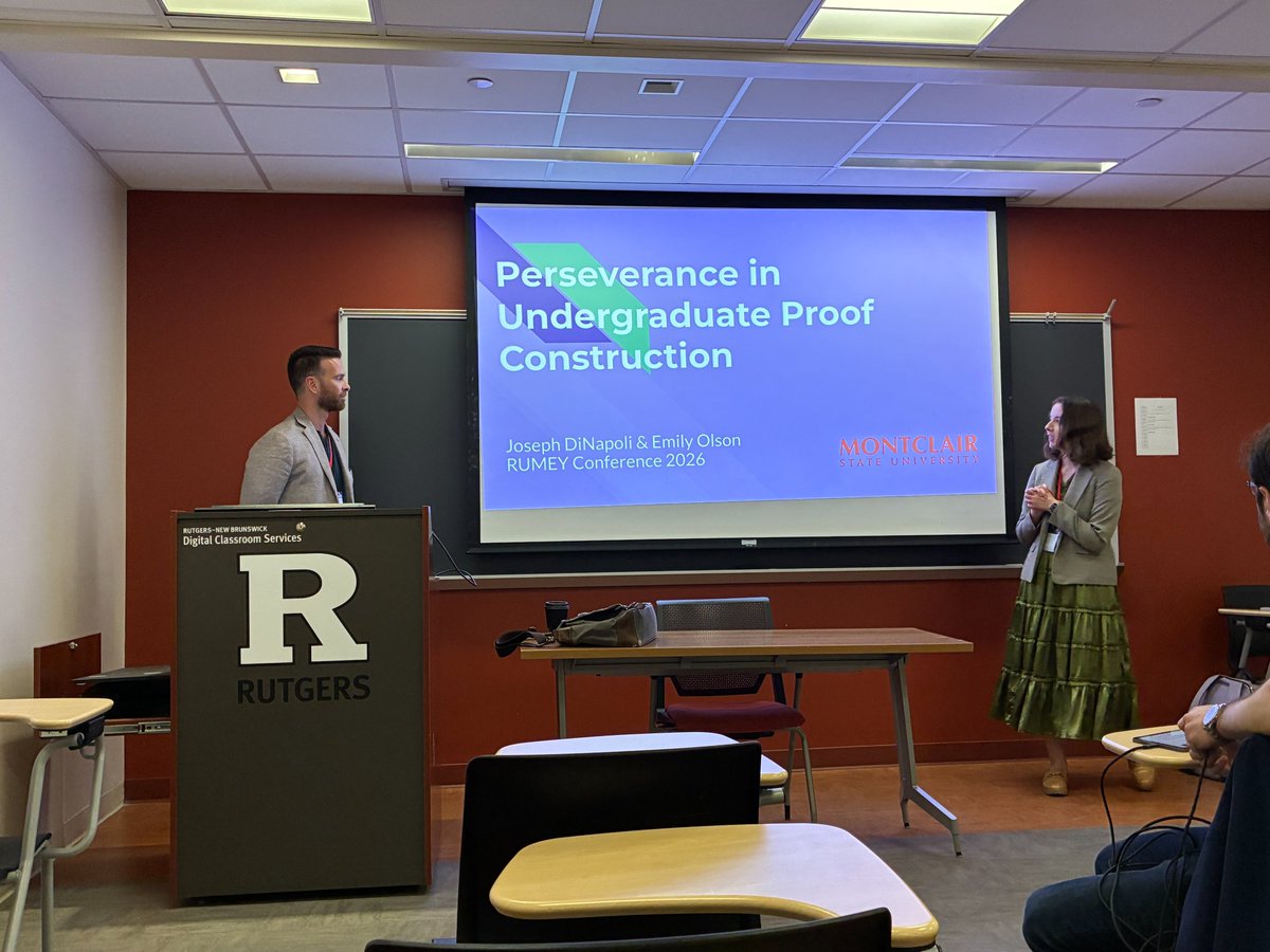 MontclairMath's tweet photo. Doctoral candidates Emily Olson and John O’Meara presented their research at Rutgers’ 2026 Mathematics End of Year Conference. Congratulations! https://t.co/30mVslhcLK