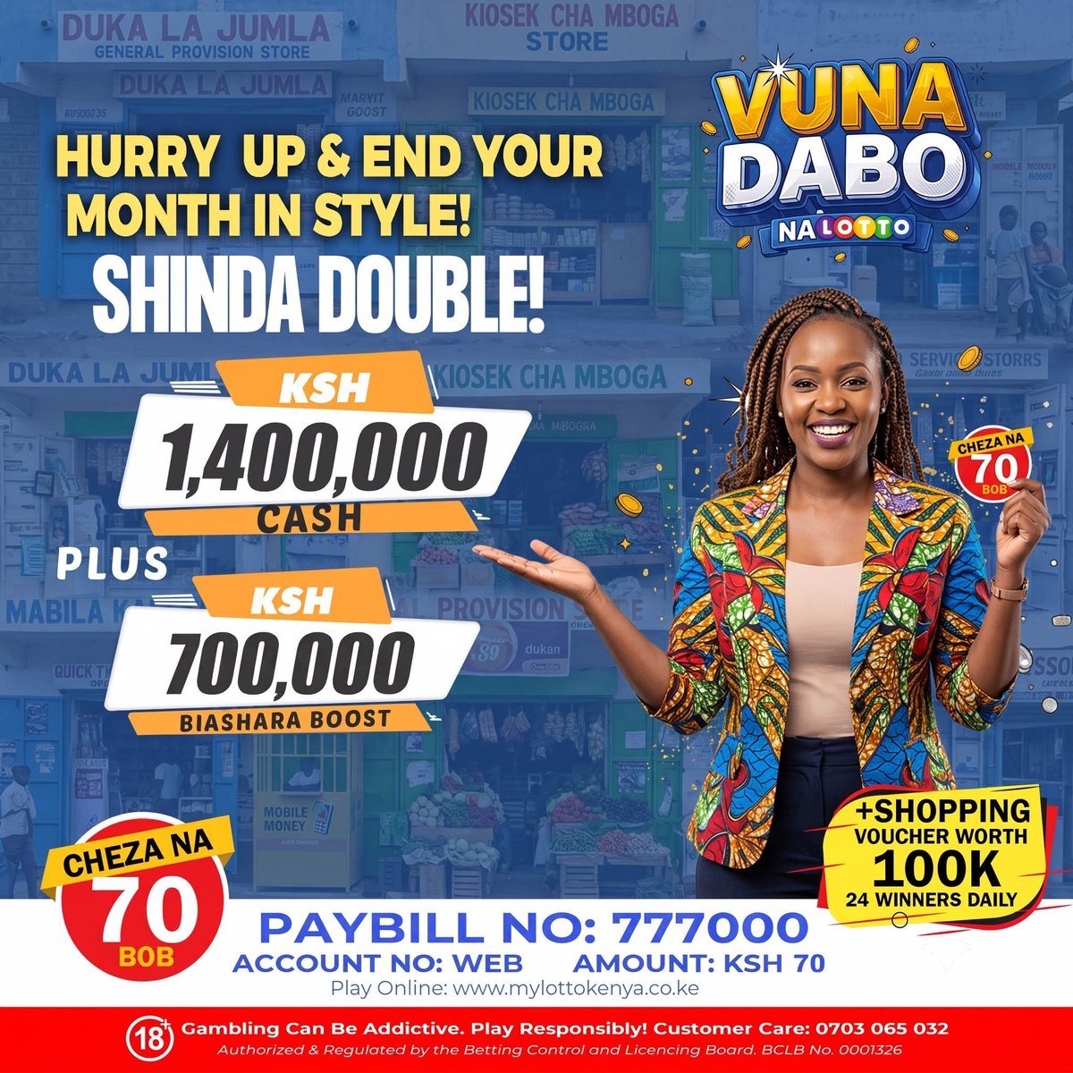 mylottokenya's tweet photo. Looking for capital to expand your shop, buy new stock, or scale your services?

Play Vuna Dabo na Lotto today for a chance to win our KSH 700,000 Biashara Boost and an extra KSH 1.4 Million Cash.

TUMA 50-2000 | PAYBILL 777000 | ACCOUNT WEB https://t.co/WYd3Zwk4JL