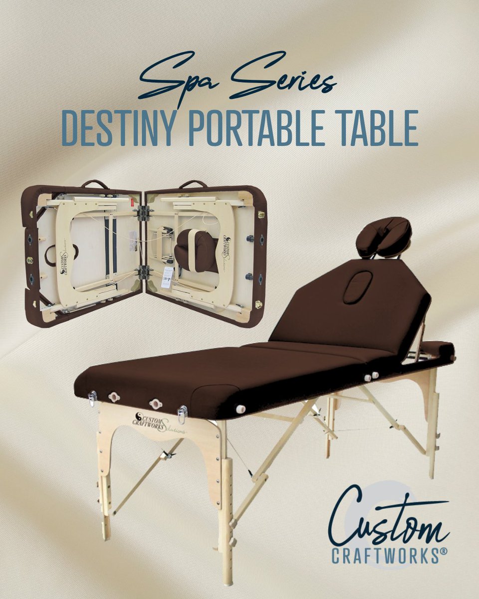 CustomCraftwork's tweet photo. The Destiny Portable Massage Table is designed for flexibility on the go, featuring a 10-step tilt-back mechanism for a variety of options from traditional massage, reflexology, facials, and waxing. https://t.co/gWu1sxz3YY
#PortableMassageTable #SpaProfessionals #CustomCraftworks https://t.co/puSORRCJkl