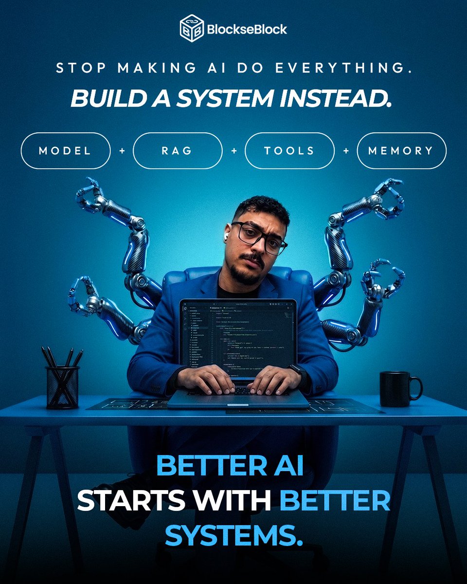 Blockhacks's tweet photo. A better AI system doesn’t always need a better model.

Sometimes, the real improvement comes from how you build around the model.

Instead of making one model handle everything, you can combine RAG for knowledge, tools for actions, and memory for context, giving each component a specific job.

That’s the difference between simply using an AI model and building an AI System.

#AISystems #AIEngineering #AIAgents #ArtificialIntelligence #GenerativeAI