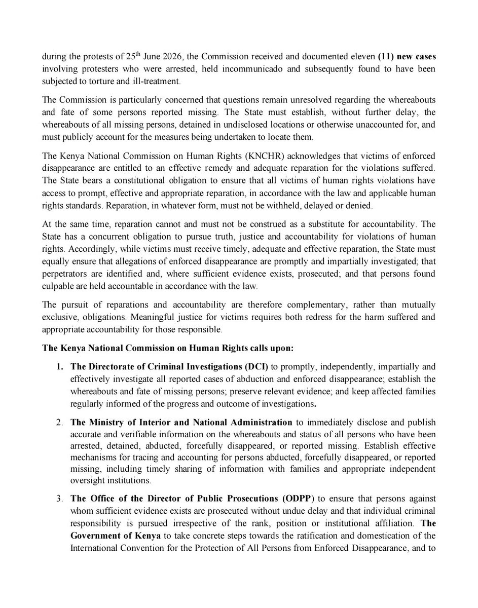 HakiKNCHR's tweet photo. #EnforcedDisappearances
#VictimsFirstActionNow 
STATEMENT
To commemorate the International Day of the Victims of Enforced Disappearances, observed annually on 30thAugust, the Kenya National Commission on Human Rights (@HakiKNCHR ) unequivocally condemns enforced disappearance in all its forms and calls for an immediate end to abductions, secret detention and other forms of unacknowledged deprivation of liberty in Kenya.

Enforced disappearance constitutes a grave violation of fundamental human rights. It places individuals outside the protection of the law and violates, among others, the rights to life, liberty and security of the person, human dignity and freedom from torture and other cruel, inhuman or degrading treatment or punishment. It also inflicts profound and continuing suffering on families who are denied information concerning the whereabouts and fate of their loved ones.
(READ MORE)