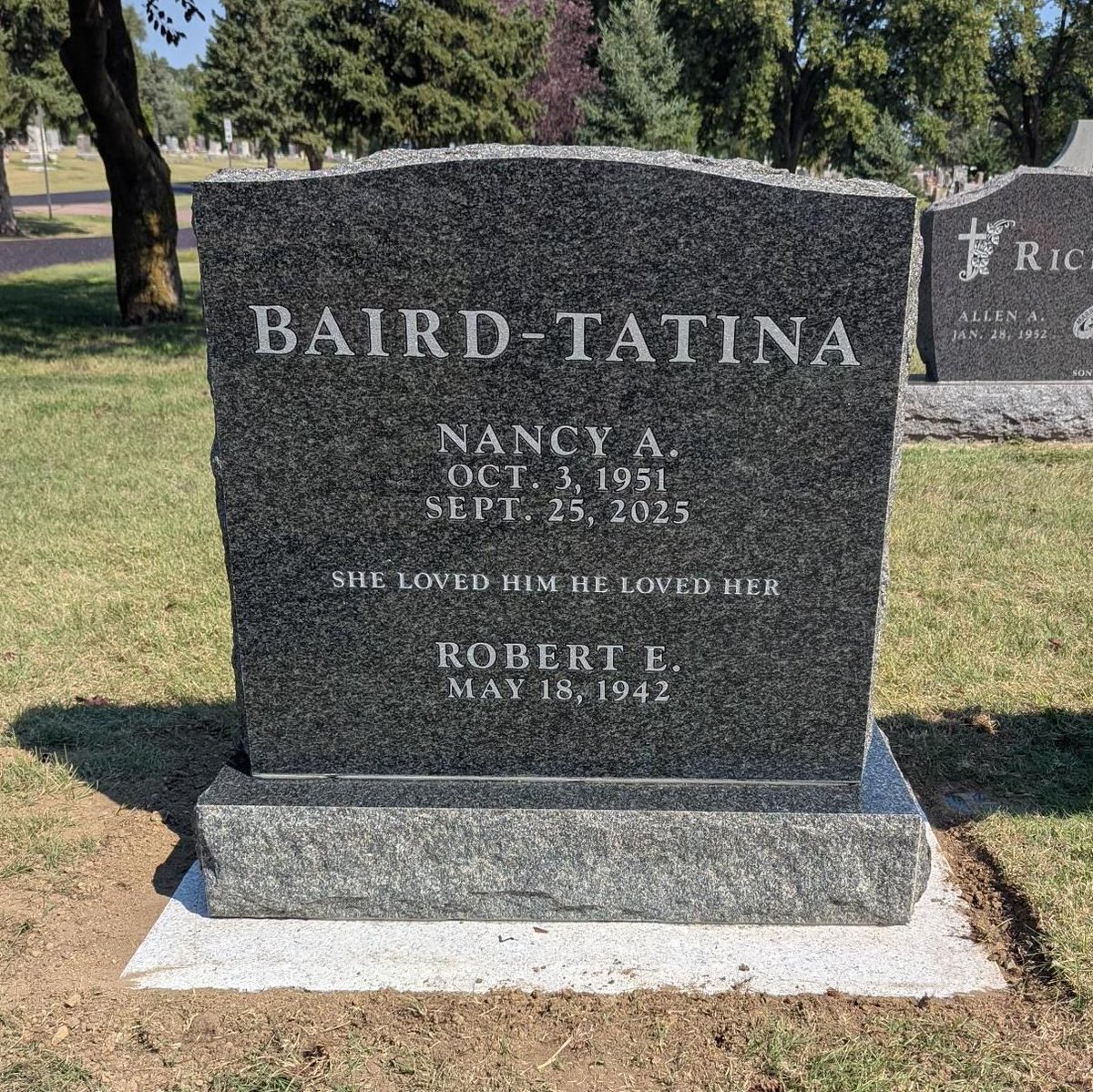 ShaferMemorials's tweet photo. We are busy placing newly completed monuments in the cemeteries again.  This is a nice example of simple engravings showing up nicely on a darker granite.  This is one of many examples of a monument for 2 people on a single grave.
#onegrave #cemetery #headstone #familyowned https://t.co/Q1fYQMH4V2