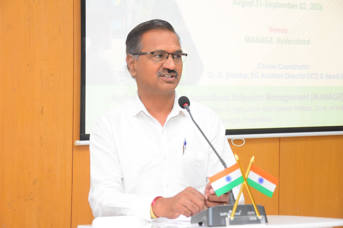 ManageHyd's tweet photo. #MANAGE, Hyderabad is conducting a three-day training programme on “Application of Remote Sensing and #Geographical #InformationSystem in #AgriculturalDevelopment” from 31 Aug–02 Sept 2026. Inaugurated by Dr. G. Bhaskar, SG, AD (IT) & Head (KM), MANAGE.
@AgriGoI https://t.co/9QGceewysd