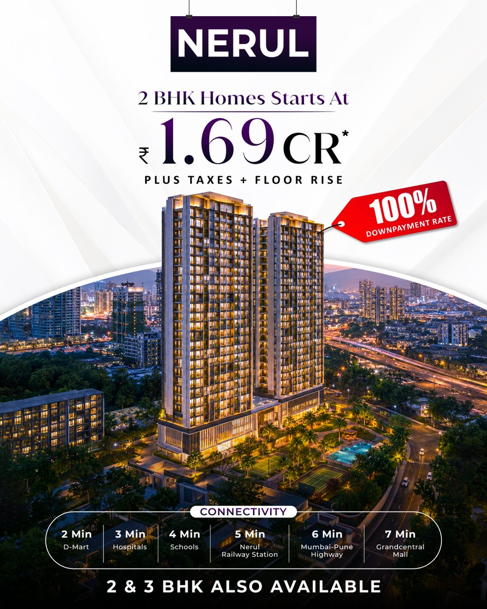 PropEarth_LLP's tweet photo. ✨ Live in Nerul with excellent connectivity, premium amenities with 2 &amp; 3 BHK homes starting at just ₹1.69 Cr* (100% Down Payment Rate). 

🗨️Comment 'Home' to know more about!
.
#Nerul #NaviMumbai #2BHK #RealEstate #Property #Realtor #Realty https://t.co/jXePW9j1ja