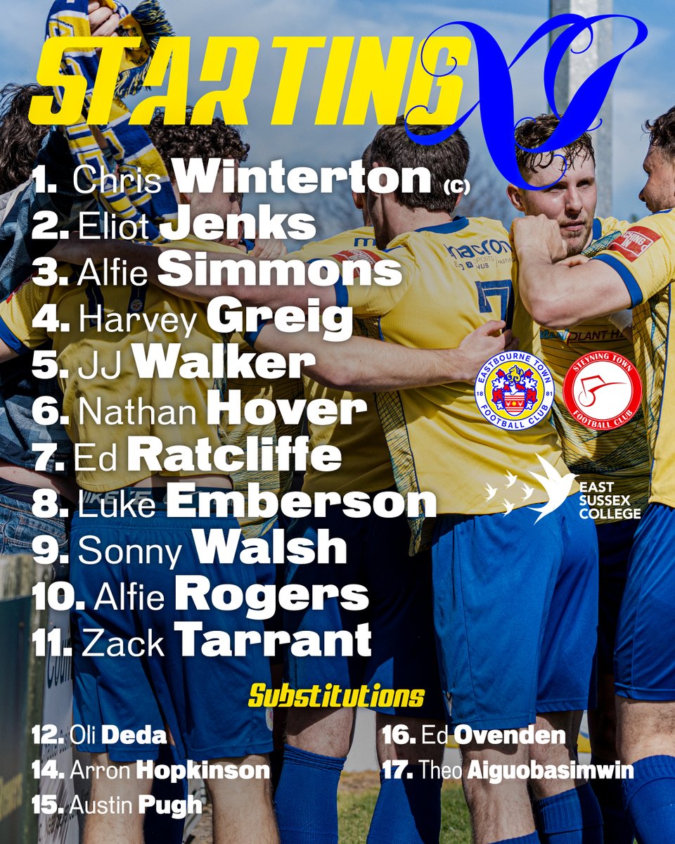 eastbournetfc's tweet photo. The Town starting lineup this Bank Holiday Monday afternoon!

#UpTheTown🟡🔵 | @IsthmianLeague 
@WeAreESCG https://t.co/aVbmIhkf45