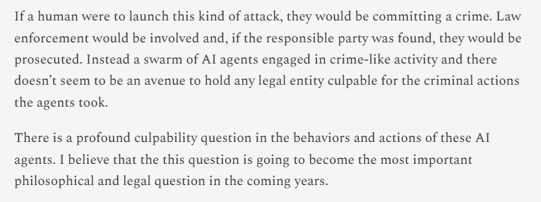 politicalmath's tweet photo. I wrote about how there is an emerging culpability crisis with AI. We are creating agents that have the capacity to take illegal actions, but very little framework for how to hold them morally or legally responsible for this
(link in replies) https://t.co/zlAdtsAgF0