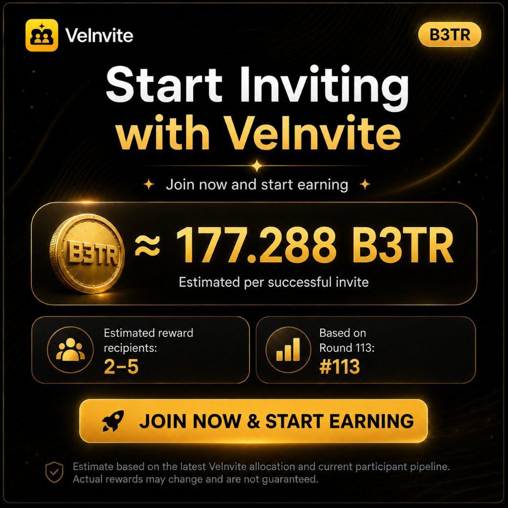 Veinvite's tweet photo. Start inviting with VeInvite today 🚀

Current estimated reward: ≈177 B3TR per successful invite.
Based on the latest VeInvite allocation and current participant pipeline.
Join now, bring new users into @vebetterdao , and start earning.

#VeInvite #VeBetterDAO #VeChain #B3TR https://t.co/P3zl5xFwcx