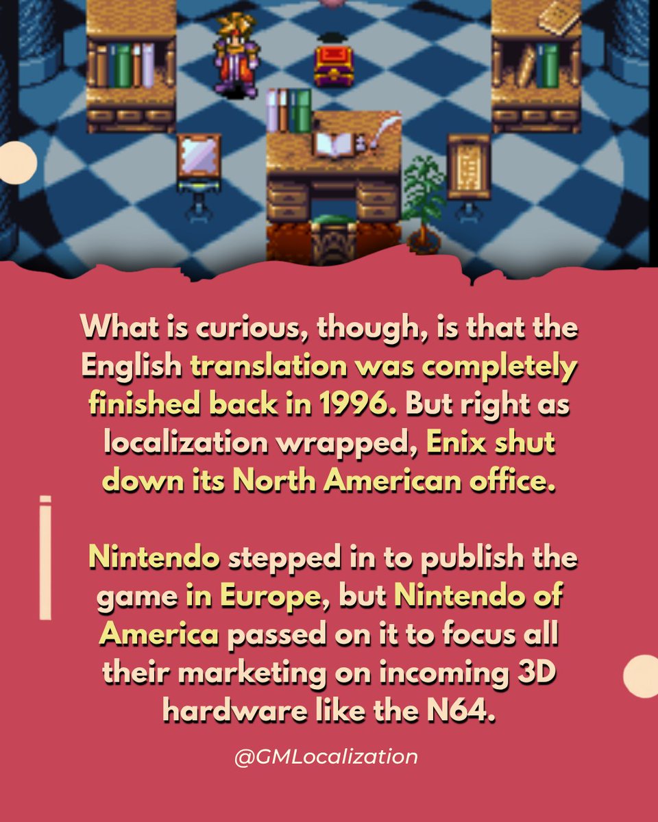 GMLocalization's tweet photo. Terranigma had a full English build in 1996, but North America never got it. Bad timing, closed offices, &amp; N64 hype kept a legendary SNES RPG locked away for 30 years.

Now it's finally coming to PC &amp; consoles! ️
Did you play it? 👇

#Terranigma #SNES #JRPG https://t.co/NK8rnlV1dk