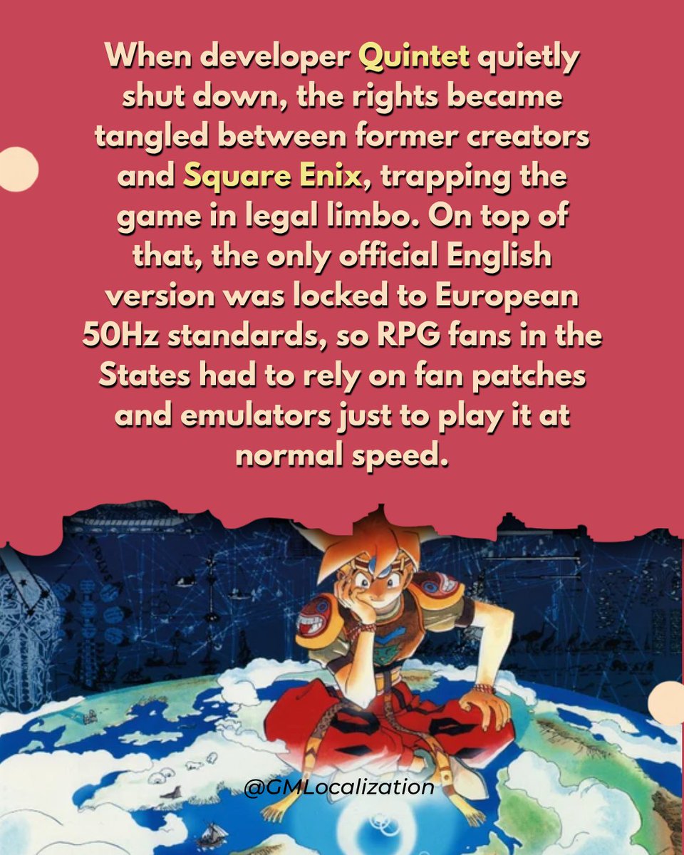 GMLocalization's tweet photo. Terranigma had a full English build in 1996, but North America never got it. Bad timing, closed offices, &amp; N64 hype kept a legendary SNES RPG locked away for 30 years.

Now it's finally coming to PC &amp; consoles! ️
Did you play it? 👇

#Terranigma #SNES #JRPG https://t.co/NK8rnlV1dk