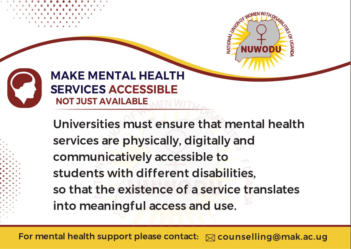 nuwodu's tweet photo. Make Mental Health Services Accessible, Not Just Available
Universities must ensure that mental health services are physically, digitally &amp; communicatively accessible to students with disabilities, so that the existence of a service translates into meaningful access &amp; use. https://t.co/bNh492UrG9