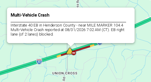 LiveTraffic2's tweet photo. Henderson County- A crash on I-40 eastbound at 104 mm 7:25am CT. https://t.co/5uK3erZB2W #CommanderChuck #Nashville #Memphis #Tennessee #TDOT #Traffic #TrafficAlert #Follow #Gas #Travel #Weather https://t.co/OT8sufmAea