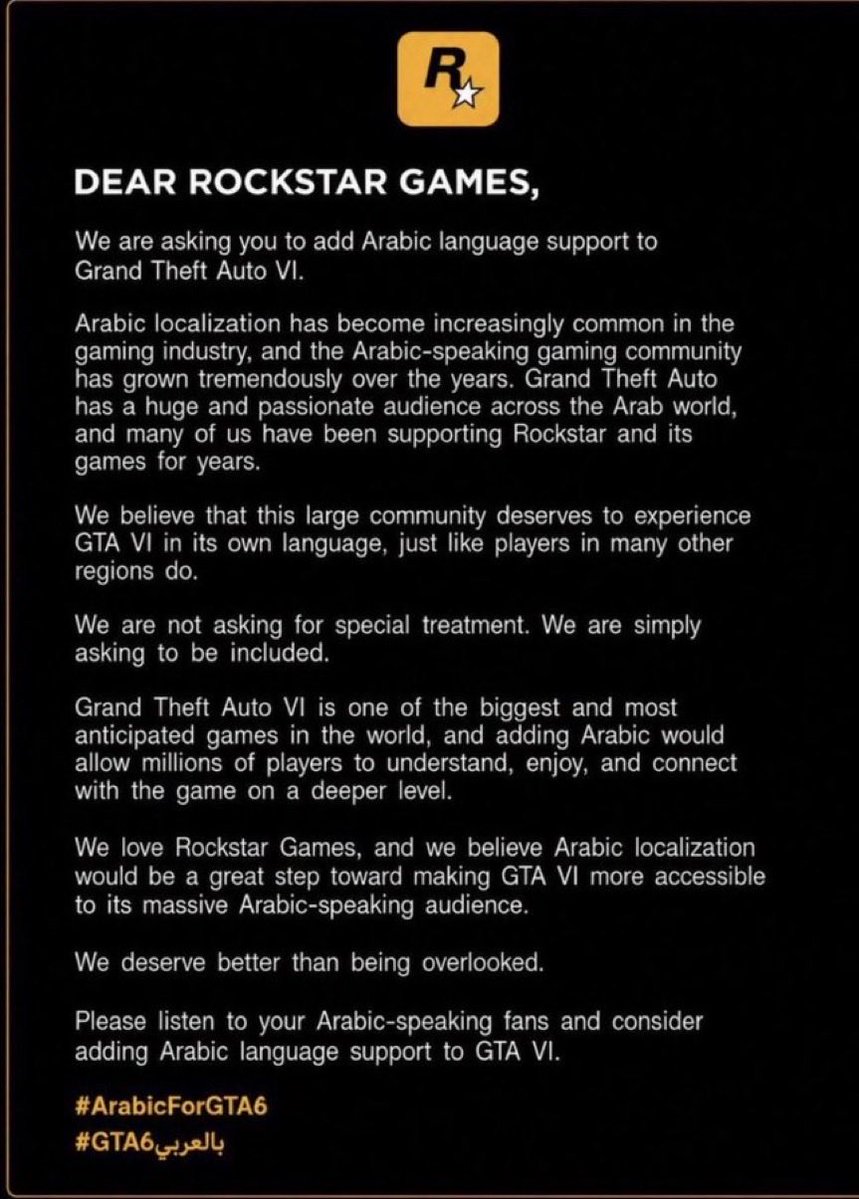 JasonSaudi7's tweet photo. @HebshiSaleh @iBR0KE Add the Arabic language to GTA 6
أضف اللغة العربية 
 #ArabicForGTA6 
 #GTA6بالعربي 

 @RockstarGames  @RockstarSupport https://t.co/OpnQZZ5Sfk