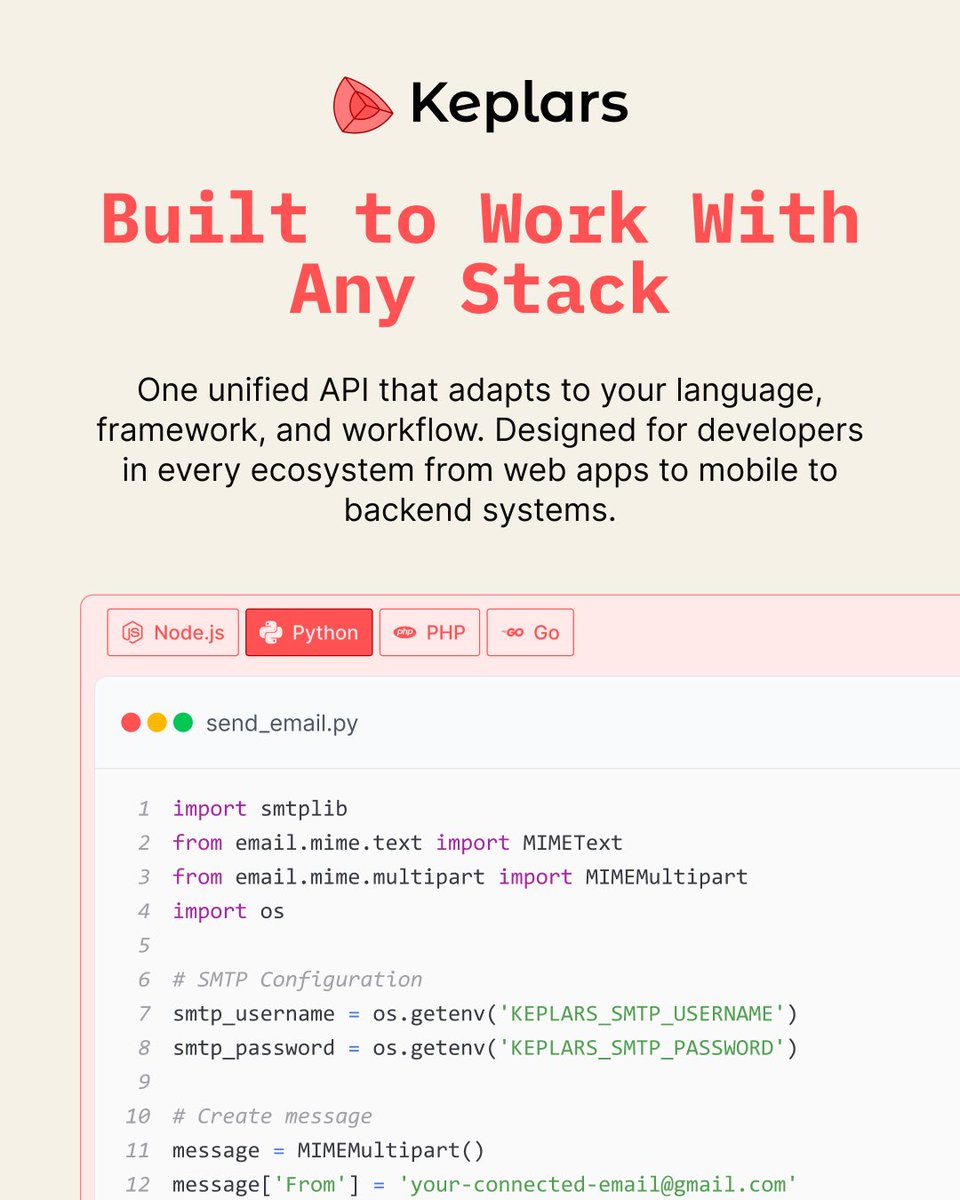 RocketHub's tweet photo. One email API for every developer. 💻

Whether you build with Node.js, Python, PHP, Go, or your favorite framework, Keplars fits right into your workflow. Connect powerful email infrastructure with one unified API and start sending transactional emails in minutes. 🚀 https://t.co/2ia2am0U2X