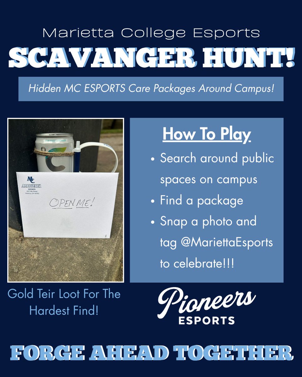 mariettaesports's tweet photo. Marietta College Esports is putting on a scavenger hunt today! Find the care packages around campus for some loot. The first hint will be given at 10am. The hardest package to find has the best loot possible. Good hunting!

Forge Ahead Together
#scavangerhunt #esports https://t.co/r2FFniWMgp
