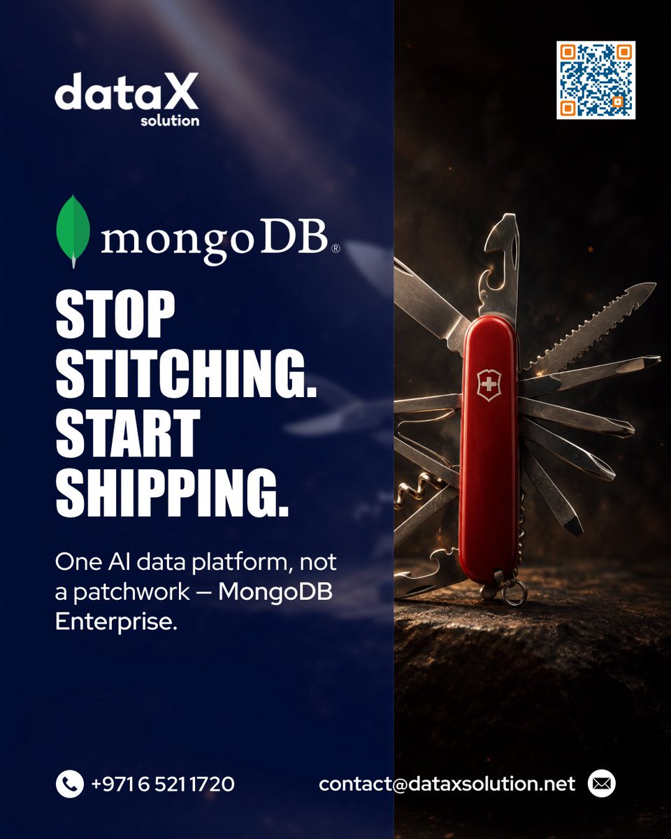 DataxSolution's tweet photo. Most Al stacks are duct-taped together, separate tools for data, search, and memory, all hoping to work at scale. MongoDB brings it into one unified platform, so your team stops maintaining the plumbing and starts shipping Al applications.
One platform. Less to break. More to build.
contact@dataxsolution.net
+971 6 521 1720
#MongoDB #EnterpriseAl #VectorSearch #AlAgents
#DataXSolution #AgenticAl